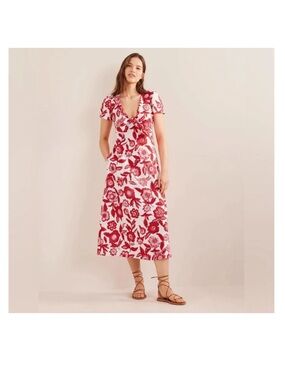 Boden Tie Front Linen Midi Dress in Pop Peony Pansy Bloom Size 4 petite